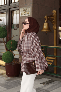 Ekose Desen Bel Bağlamalı Düğme Detay Panço Kahverengi