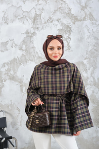 Ekose Desen Bel Bağlamalı Düğme Detay Panço Haki Yeşil