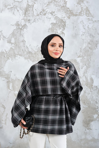 Ekose Desen Bel Bağlamalı Düğme Detay Panço Siyah