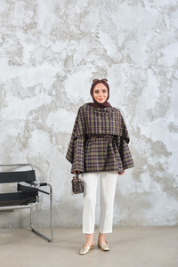 Ekose Desen Bel Bağlamalı Düğme Detay Panço Haki Yeşil