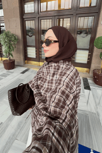 Ekose Desen Bel Bağlamalı Düğme Detay Panço Kahverengi