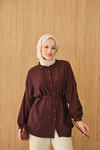 Ekose Desen Bel Bağlamalı Gömlek Bordo