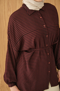 Ekose Desen Bel Bağlamalı Gömlek Bordo