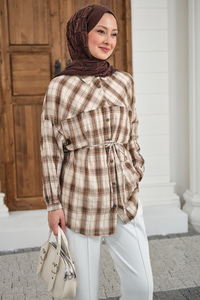 Ekose Desen Bel Bağlamalı Gömlek Haki Yeşil