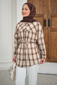 Ekose Desen Bel Bağlamalı Gömlek Haki Yeşil