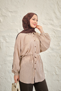 Ekose Desen Bel Bağlamalı Gömlek Kahverengi