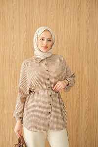 Ekose Desen Bel Bağlamalı Gömlek Kahverengi