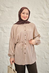 Ekose Desen Bel Bağlamalı Gömlek Kahverengi