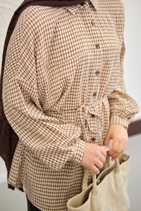 Ekose Desen Bel Bağlamalı Gömlek Kahverengi