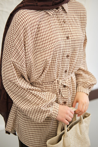 Ekose Desen Bel Bağlamalı Gömlek Kahverengi