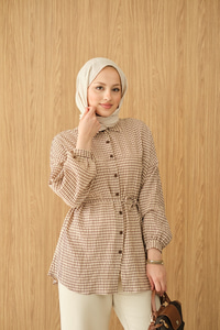 Ekose Desen Bel Bağlamalı Gömlek Kahverengi