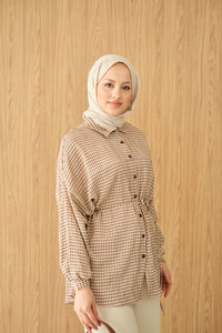 Ekose Desen Bel Bağlamalı Gömlek Kahverengi