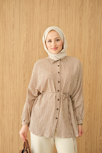 Ekose Desen Bel Bağlamalı Gömlek Kahverengi