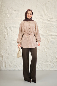 Ekose Desen Bel Bağlamalı Gömlek Kahverengi