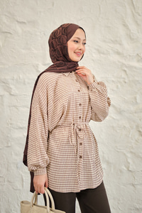 Ekose Desen Bel Bağlamalı Gömlek Kahverengi