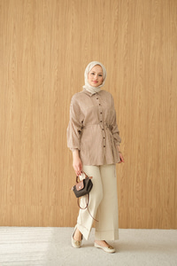 Ekose Desen Bel Bağlamalı Gömlek Kahverengi