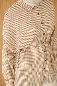 Ekose Desen Bel Bağlamalı Gömlek Kahverengi