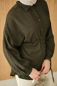 Ekose Desen Bel Bağlamalı Gömlek Koyu Yeşil