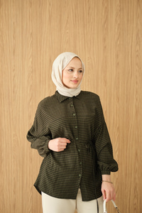 Ekose Desen Bel Bağlamalı Gömlek Koyu Yeşil