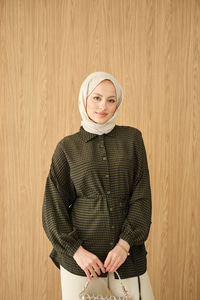 Ekose Desen Bel Bağlamalı Gömlek Koyu Yeşil