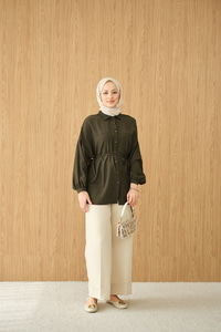 Ekose Desen Bel Bağlamalı Gömlek Koyu Yeşil