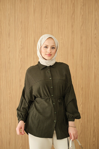 Ekose Desen Bel Bağlamalı Gömlek Koyu Yeşil