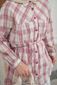 Ekose Desen Bel Bağlamalı Gömlek Pembe