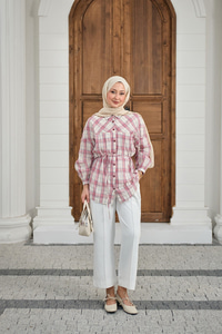 Ekose Desen Bel Bağlamalı Gömlek Pembe