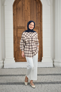 Ekose Desen Bel Bağlamalı Gömlek Siyah