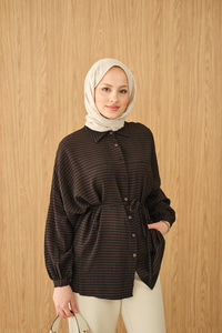 Ekose Desen Bel Bağlamalı Gömlek Siyah