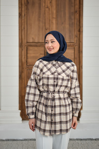 Ekose Desen Bel Bağlamalı Gömlek Siyah