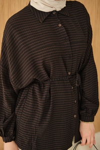 Ekose Desen Bel Bağlamalı Gömlek Siyah