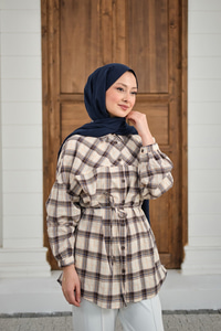 Ekose Desen Bel Bağlamalı Gömlek Siyah