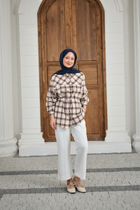 Ekose Desen Bel Bağlamalı Gömlek Siyah