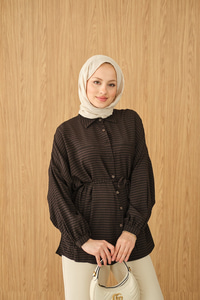 Ekose Desen Bel Bağlamalı Gömlek Siyah