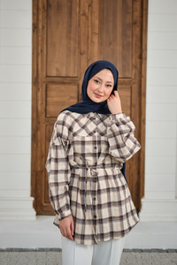 Ekose Desen Bel Bağlamalı Gömlek Siyah