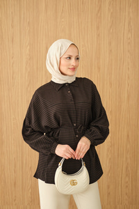 Ekose Desen Bel Bağlamalı Gömlek Siyah