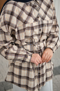 Ekose Desen Bel Bağlamalı Gömlek Siyah