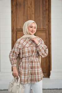 Ekose Desen Bel Bağlamalı Gömlek Vizon