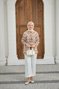 Ekose Desen Bel Bağlamalı Gömlek Vizon