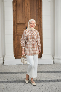 Ekose Desen Bel Bağlamalı Gömlek Vizon