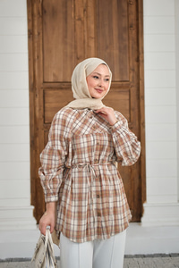 Ekose Desen Bel Bağlamalı Gömlek Vizon