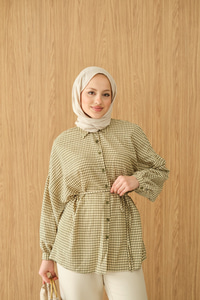 Ekose Desen Bel Bağlamalı Gömlek Yeşil