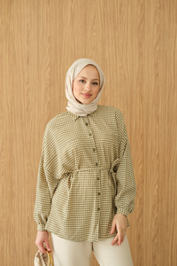 Ekose Desen Bel Bağlamalı Gömlek Yeşil