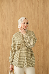 Ekose Desen Bel Bağlamalı Gömlek Yeşil