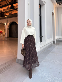 Ekose Desen Bel Lastik Detay Şifon Etek Kahverengi