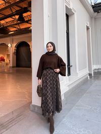 Ekose Desen Beli Lastik Detay Şifon Etek Kahverengi