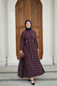 Ekose Desen Bronş Detay Arkadan Bağlamalı Elbise Bordo