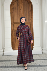 Ekose Desen Bronş Detay Arkadan Bağlamalı Elbise Bordo