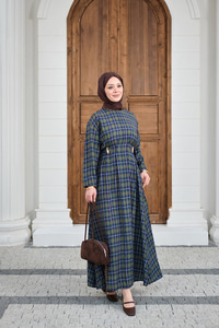 Ekose Desen Bronş Detay Arkadan Bağlamalı Elbise Yeşil